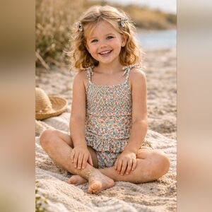 ZARA Girls Floral Smocked Swimsuit Size 6Y Tie Strap Ruffle One Piece